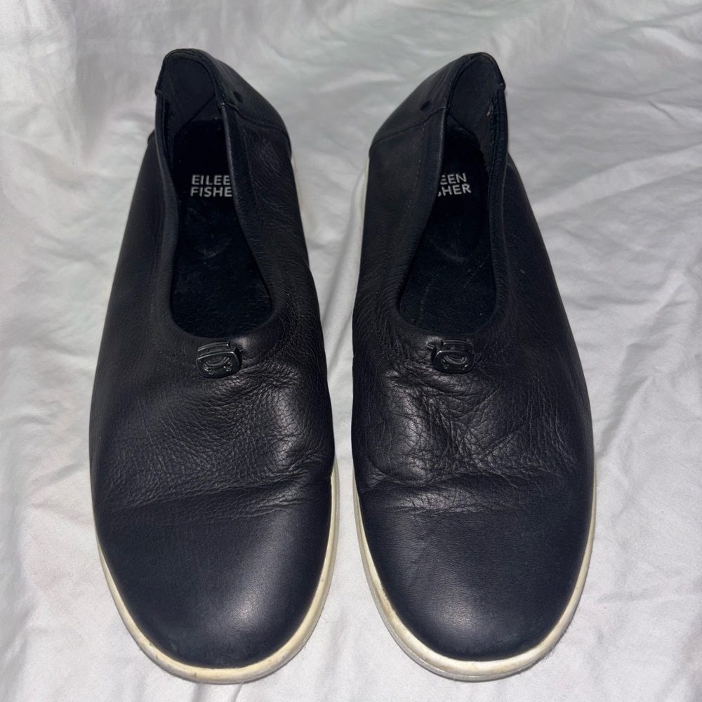 Eileen Fisher Sydney Slip On Washed Black Leather Sneakers Size 7 - Picture 2 of 6